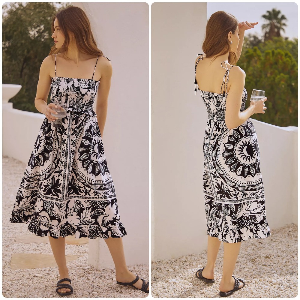 Farm Rio Women Black White Celestial Poplin Smocked‎ Boho Cover Up Midi Dress M